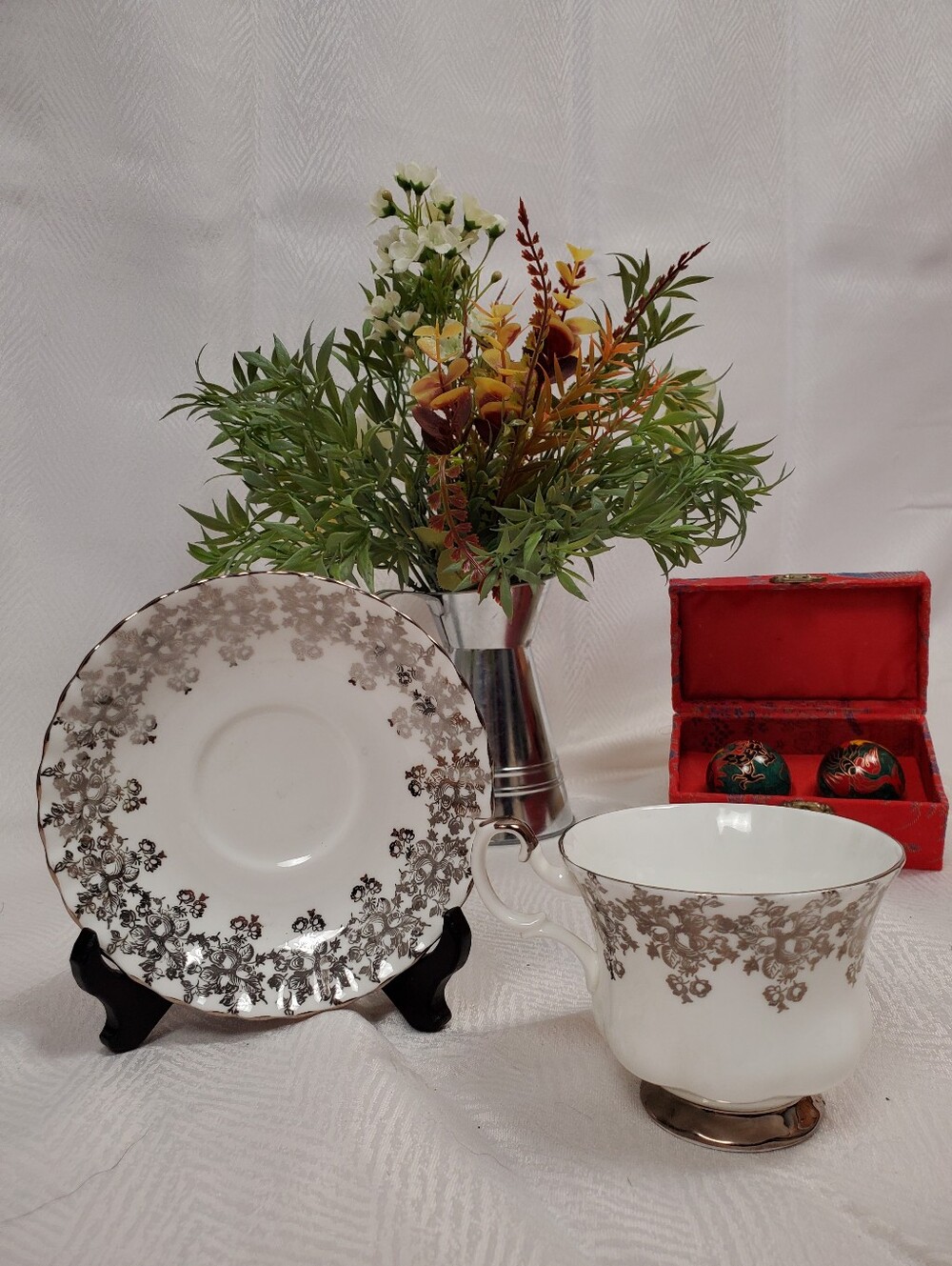 Royal Albert White and Silver Floral Porcelain Teacup and Saucer